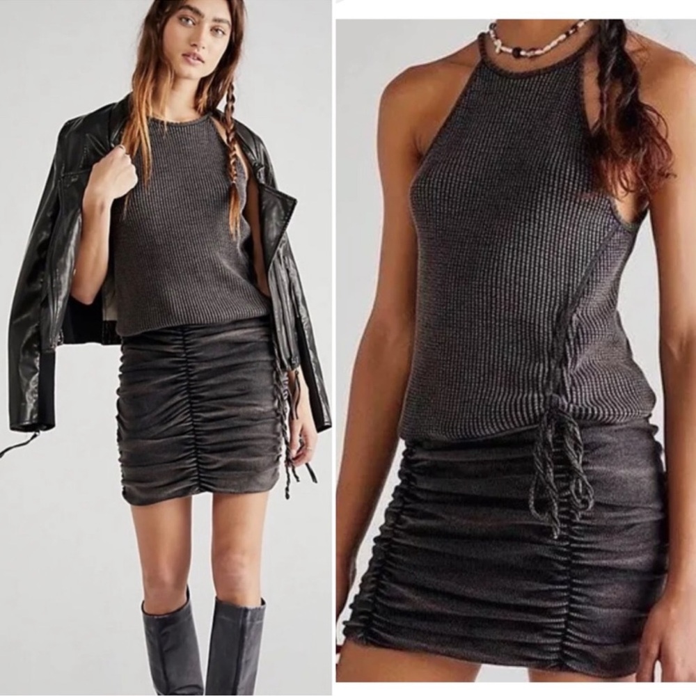 Free People FP One M Katya Thermal Bodycon Mini Dress Gray Textured Ruched